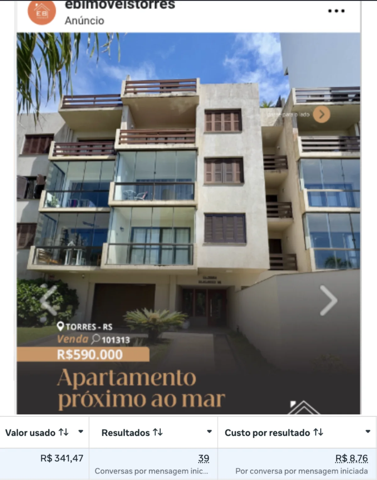 Resultados reais da campanha de Meta Ads para apartamento em Torres — R$341,47 investidos, 39 conversas iniciadas, custo de R$8,76 por conversa